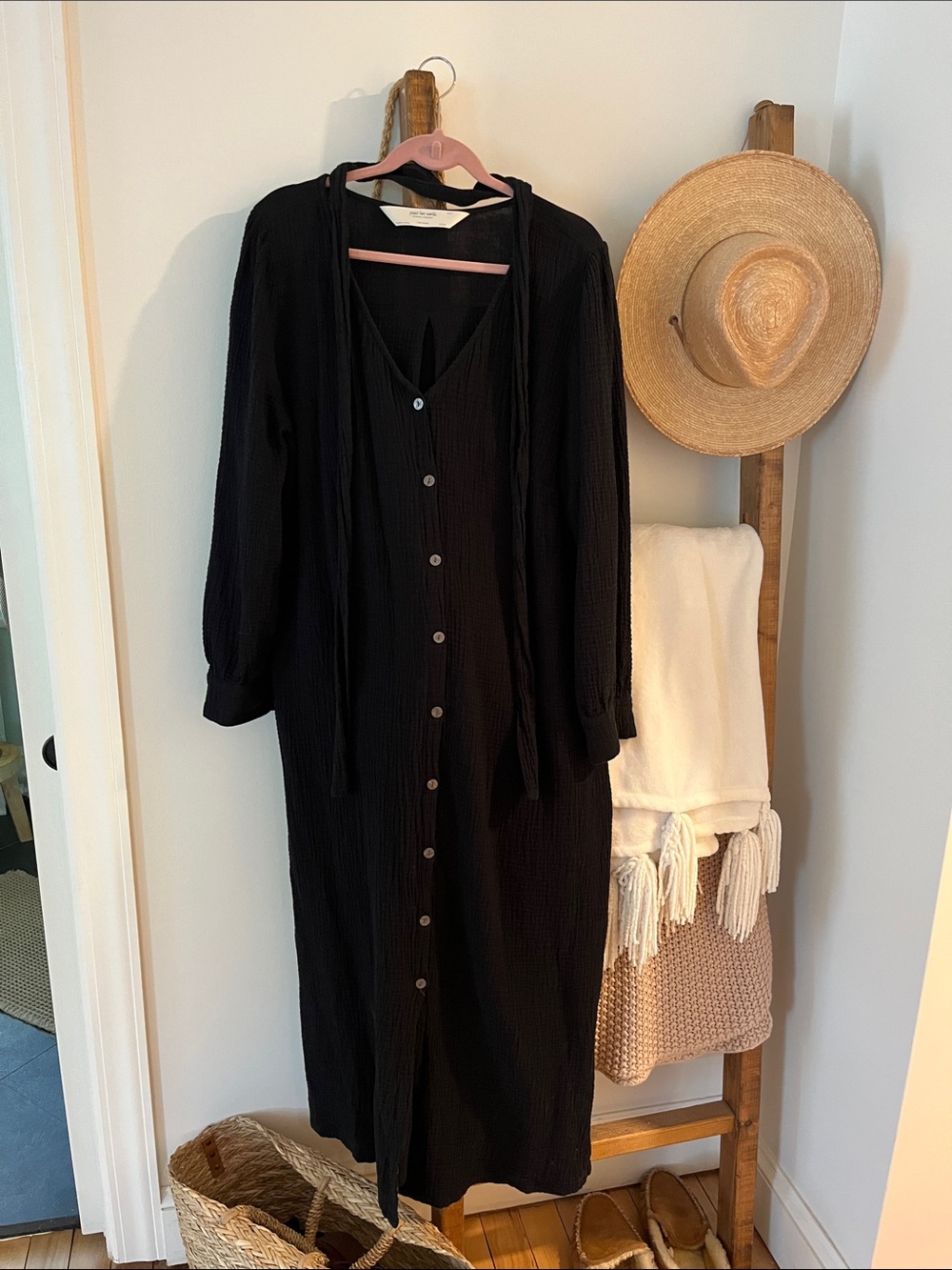 Peace Love World Gauze Black Maxi Button-Front Dress